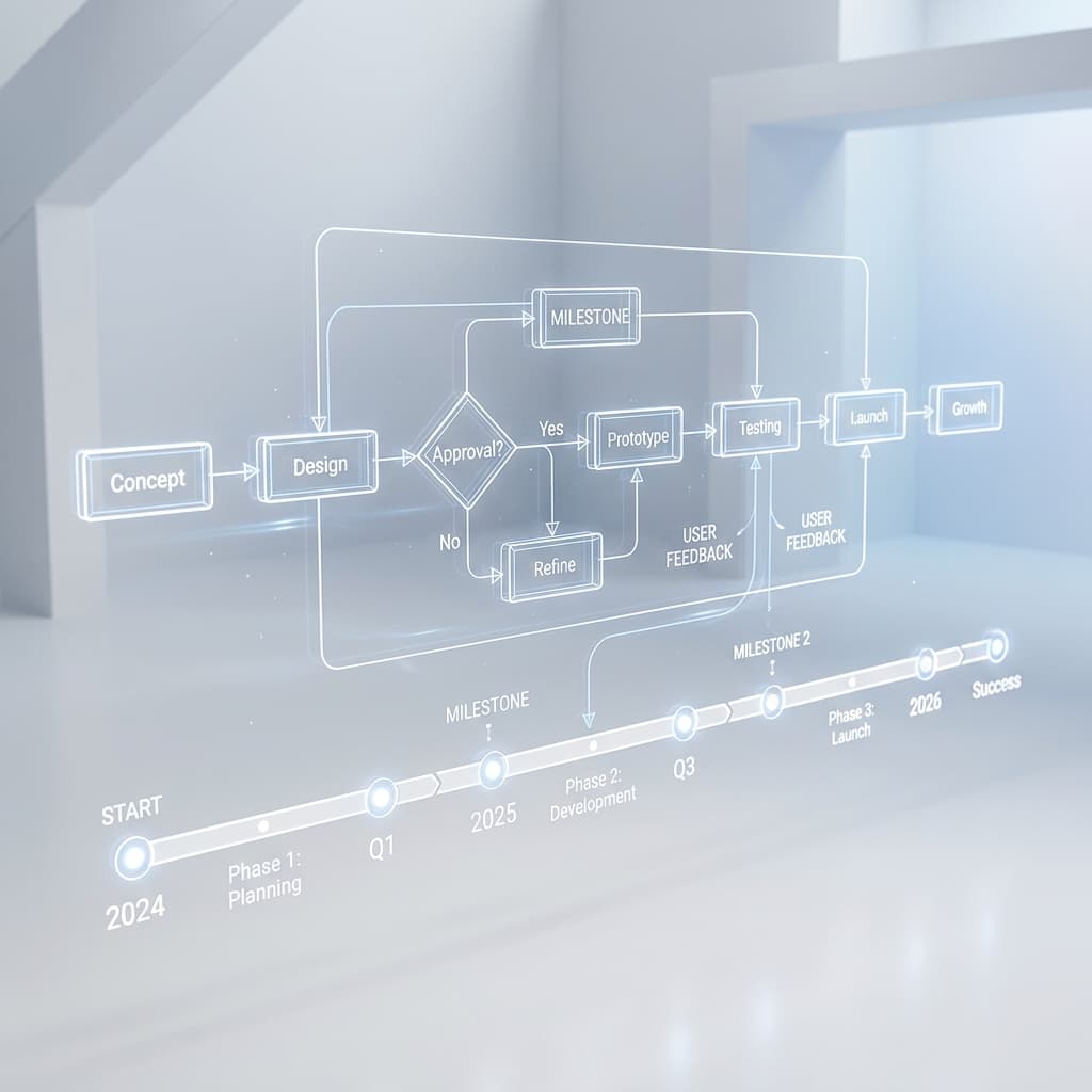 Clean minimalist architectural wireframe of a flowchart